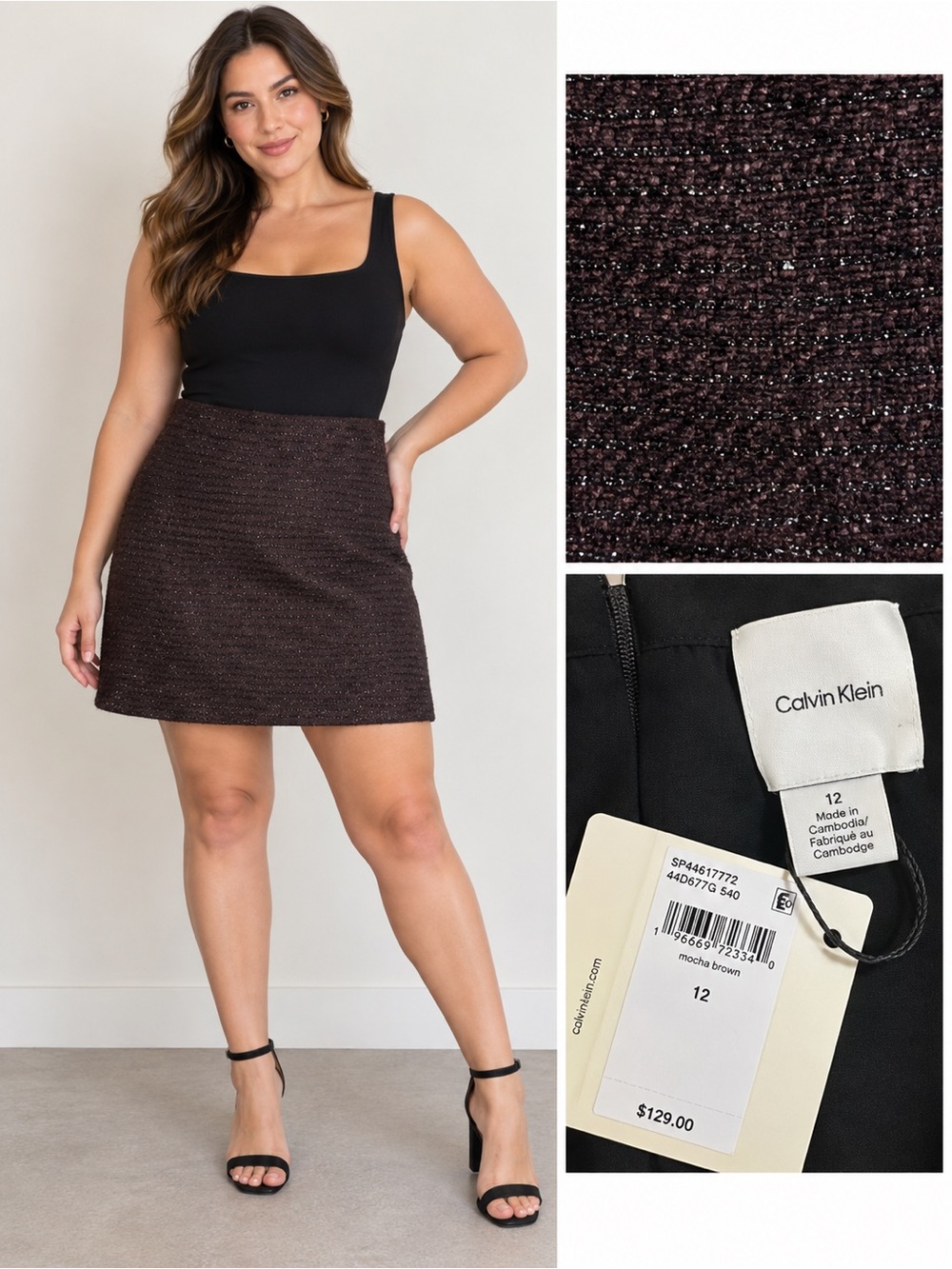 Calvin Klein Mocha Brown Tweed Mini Skirt with Subtle Metallic Thread size 12